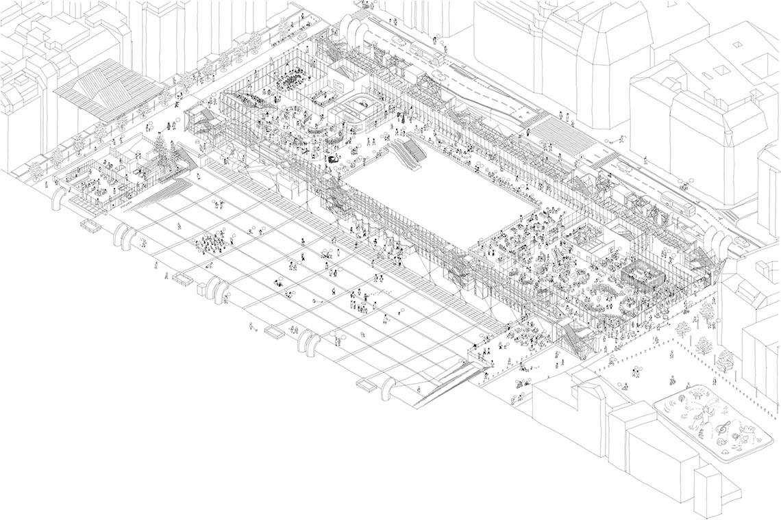 Assonometria del piano rialzato del Centre Pompidou nel progetto di Moreau Kusunoki