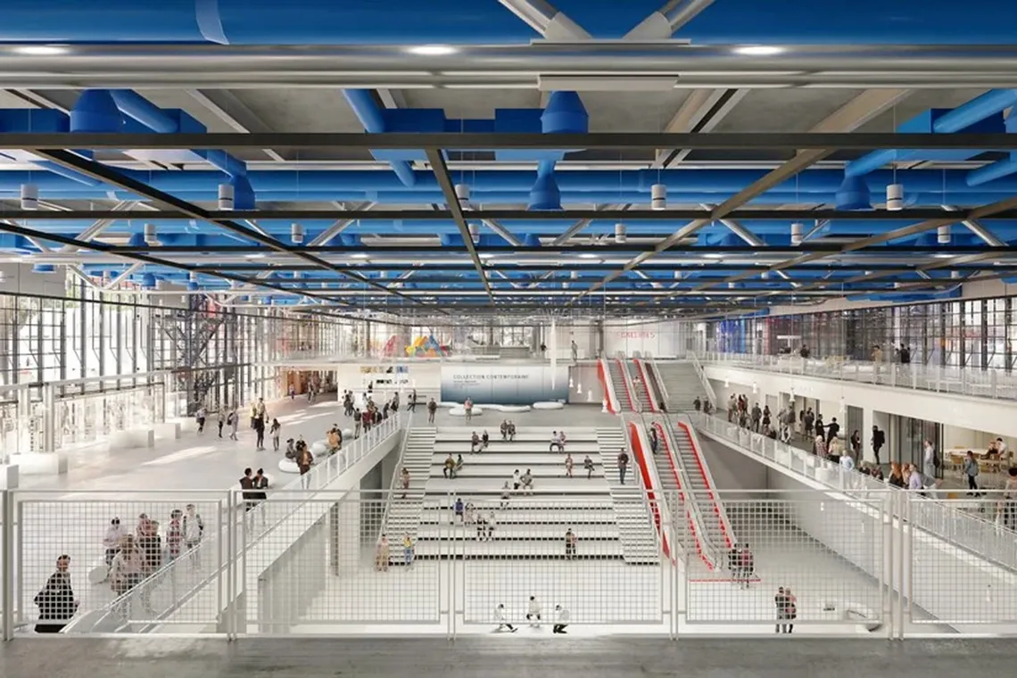 Render dello spazio Forum del Centre Pompidou nel progetto di Moreau Kusunoki