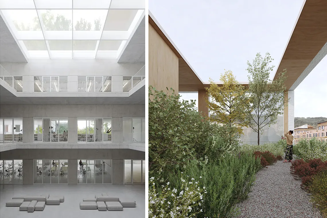 Progetto Grande MAXXI, a sinistra render del nuovo edificio MAXXI Hub con veduta dell’atrio interno; a destra render di un dettaglio del tetto giardino