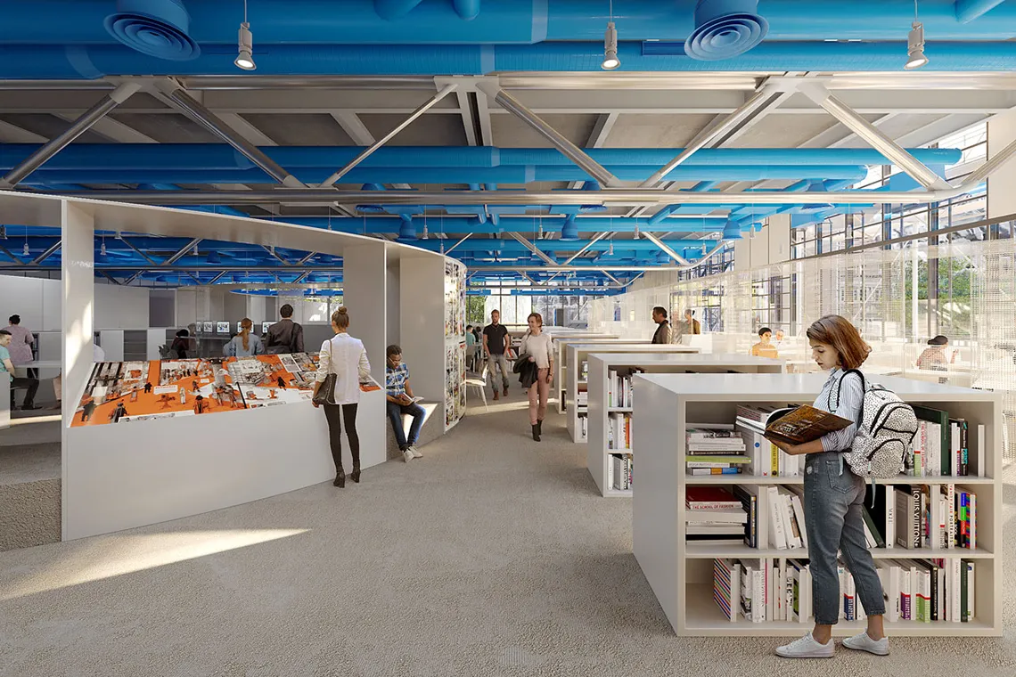 Render della Biblioteca del Centre pompidou nel progetto di Moreau Kusunoki