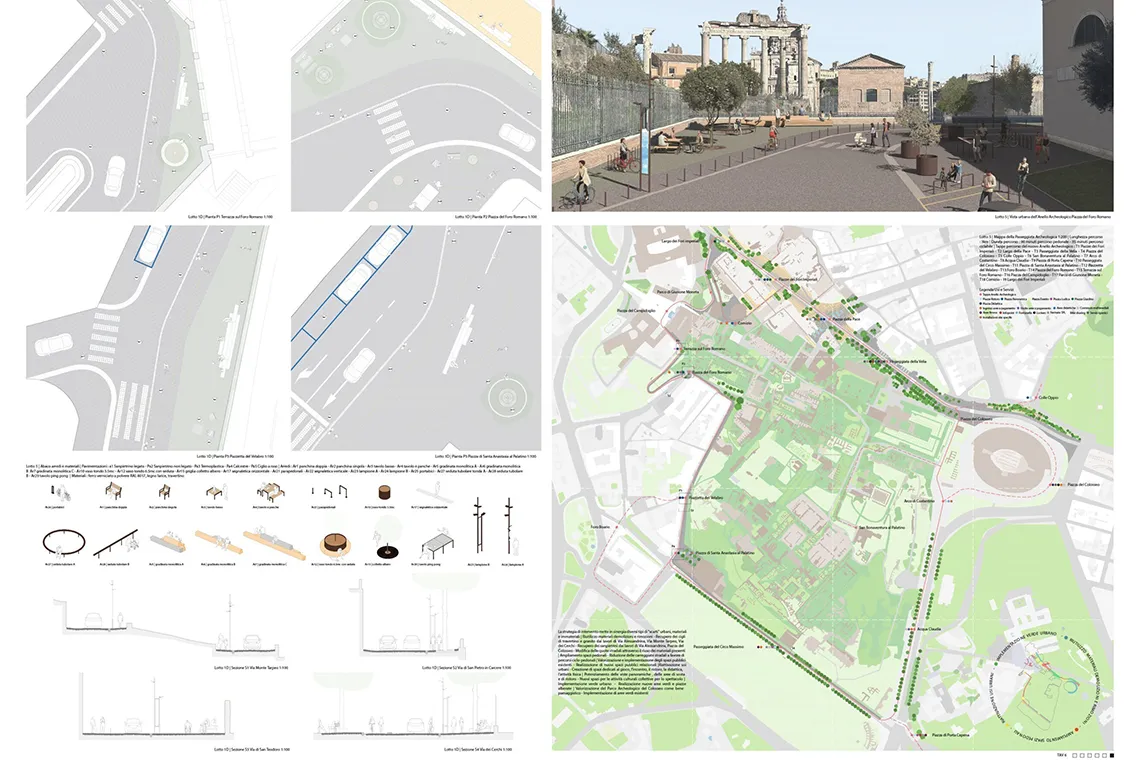 Mappa della Passeggiata Archeologica, percorso del nuovo anello archeologico, esempi di arredi e materiali