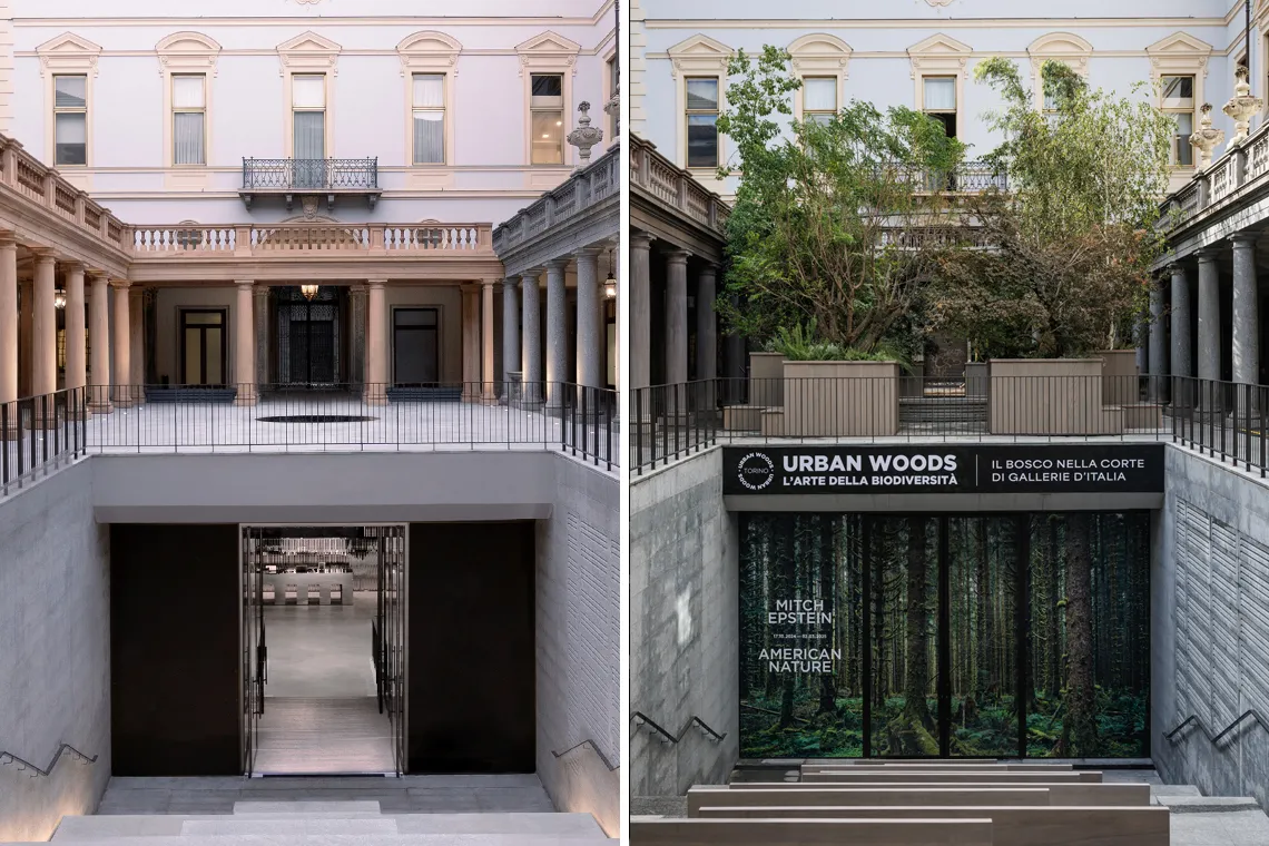 fotoconfronto dell'ingresso alle Gallerie prima e dopo l'allestimento del parco urbano all'interno della corte