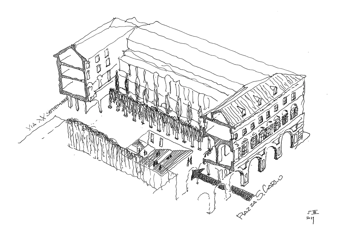 schizzo del progetto che evidenzia il collegamento pedonale pubblico tra piazza San Carlo e via XX Settembre
