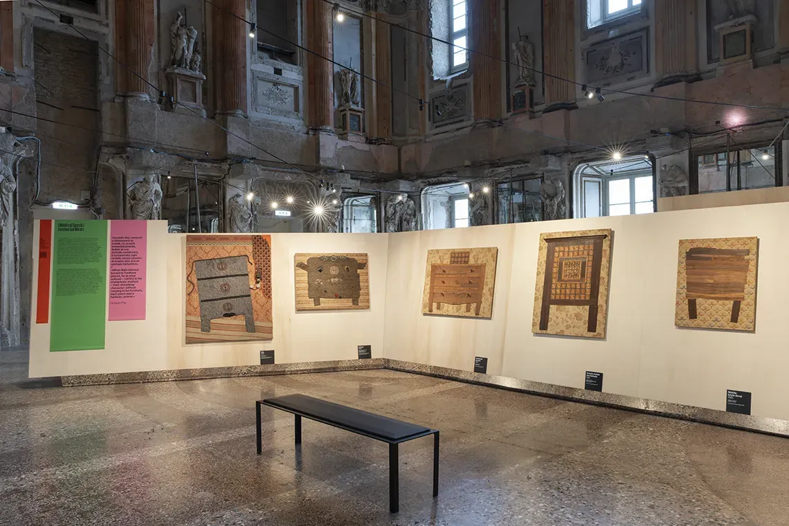 veduta della mostra di Enrico Baj a Palazzo Reale di Milano